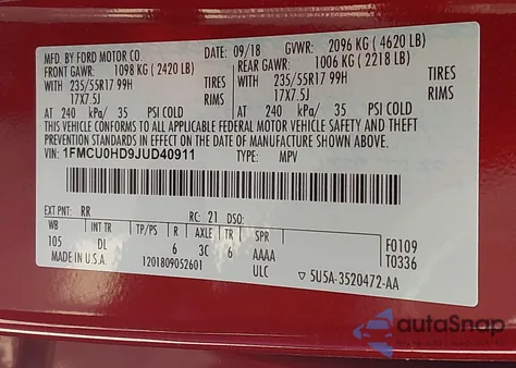 2018 Ford Escape Sel from USA, damaged, VIN 1FMCU0HD9JUD40911